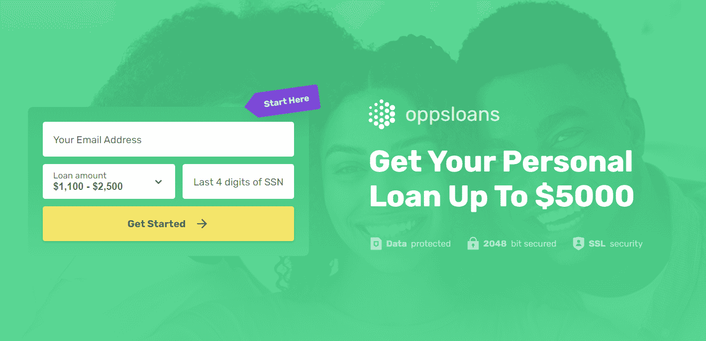 OppLoans landing page showing loan request form for amounts up to $5,000 with a friendly green design - CoinRevolution